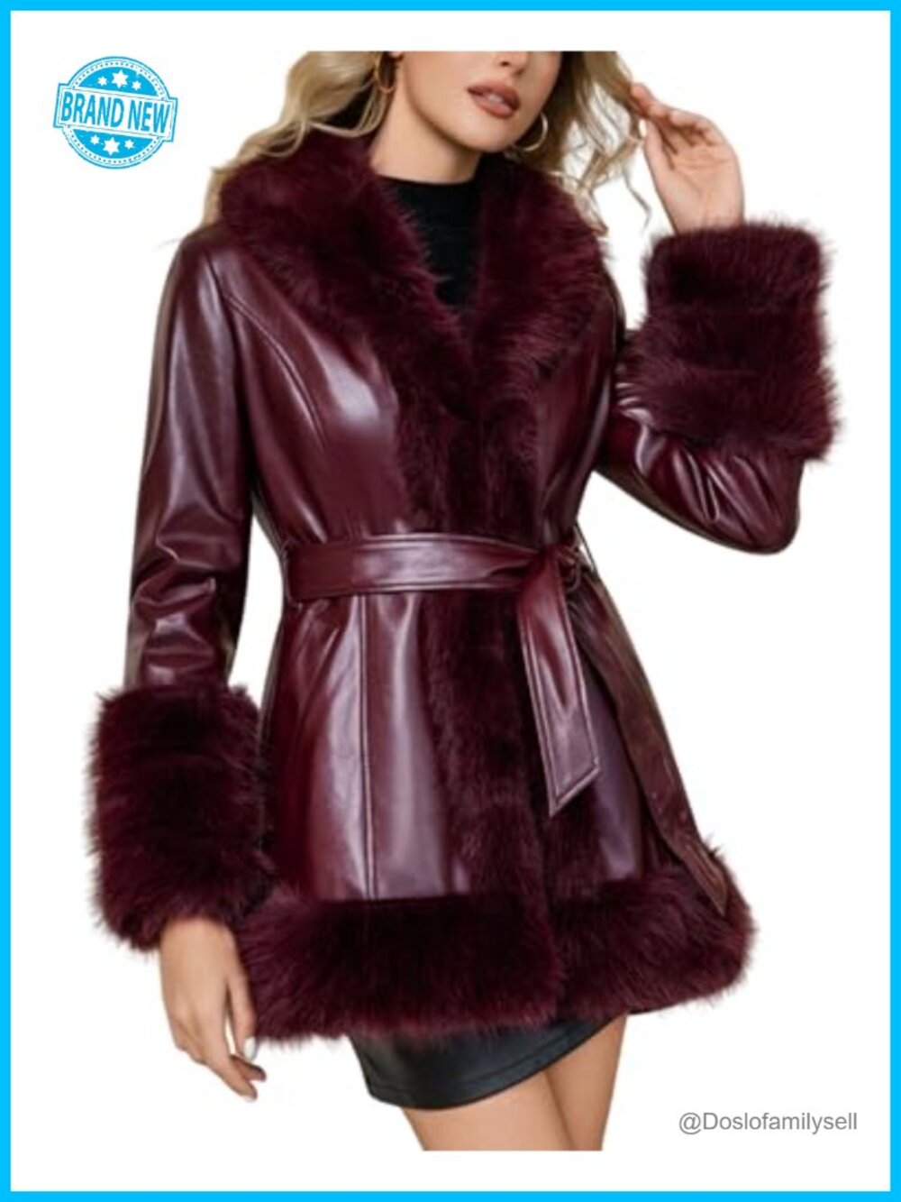 Faux Fur Leather Jacket Fur Lined Parka Belted Overcoat